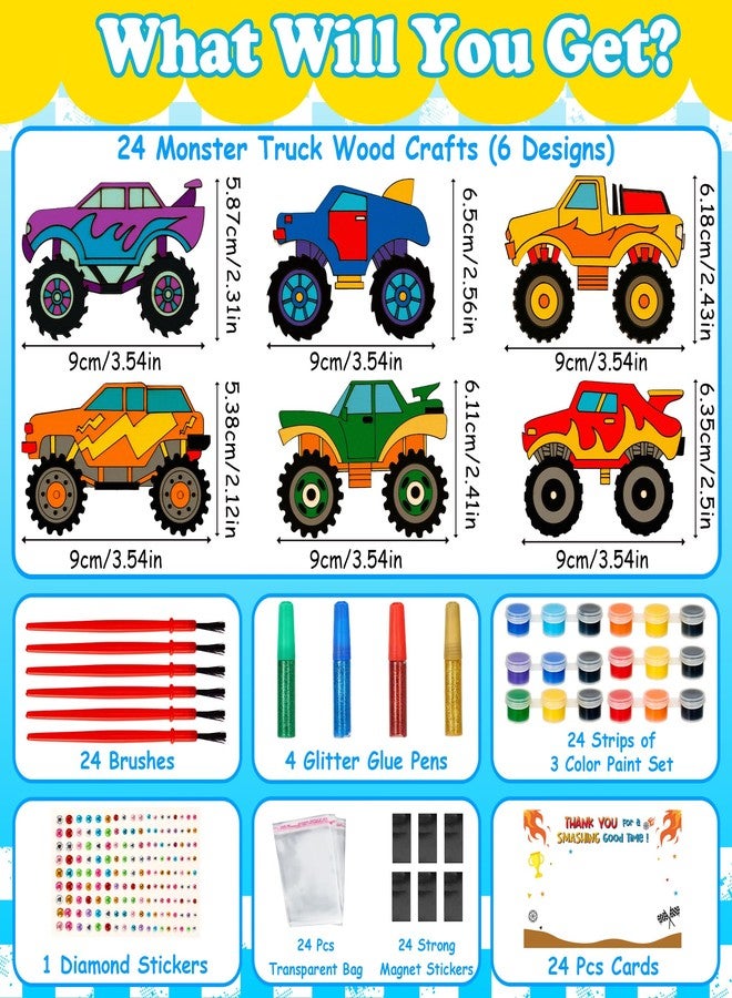 Bafeil Monster Truck Party Favors, 24 Pcs DIY Wooden Truck Painting Crafts Kit with Magnets, Car Birthday Party Supplies, Monster Trucks Party Decorations Goodie Bags Gifts Prizes Girls Boys - Image 2